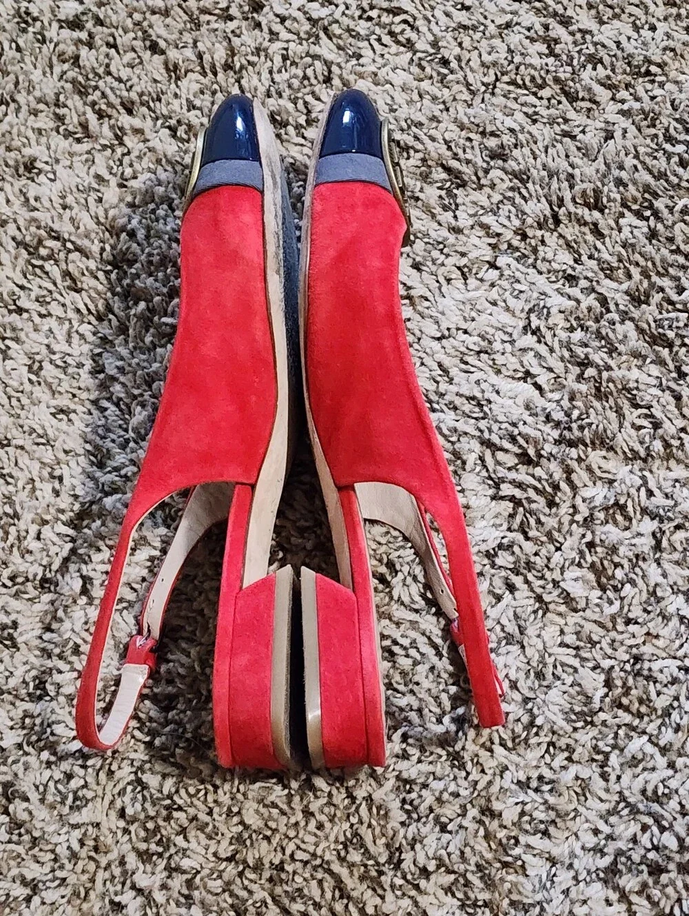 Tory Burch Red Blue Suede And Patent Leather Slingback Flat Sandals Size 7